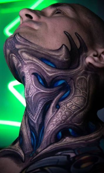 Biomechanical tattoos on the neck