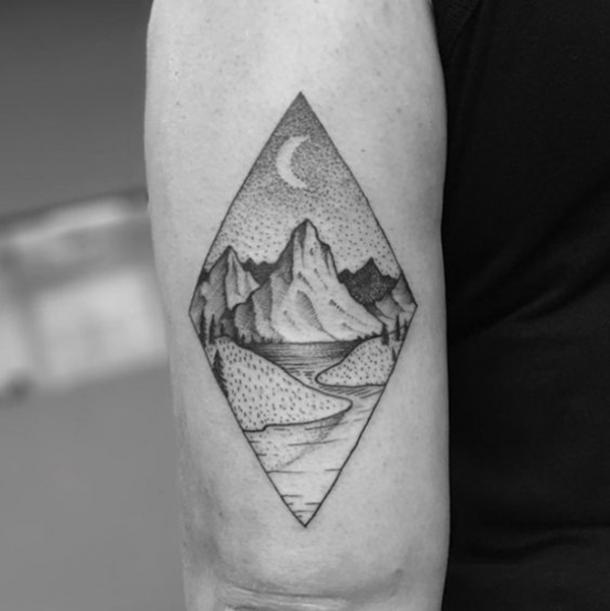 Tattoo Mountains under the moon.