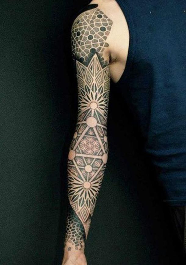 Tattoo Different Patterns on the Shoulder and Arm.