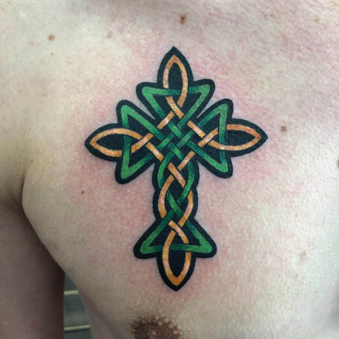 Celtic knot tattoo, Irish cross, green ink