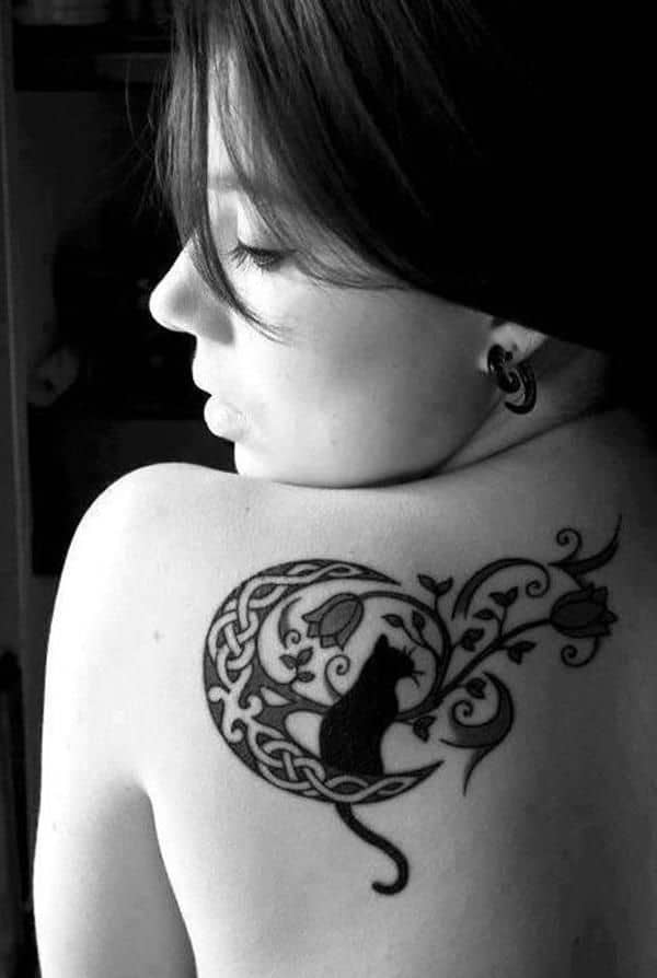 Gorgeous back with cat and Celtic moon symbol