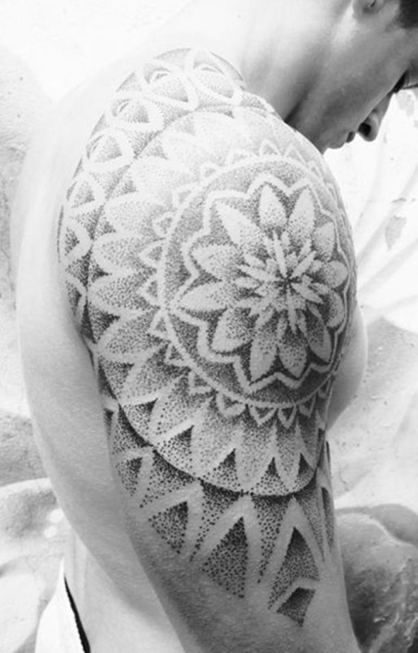 Radiant tattoo on the shoulder with a floral pattern