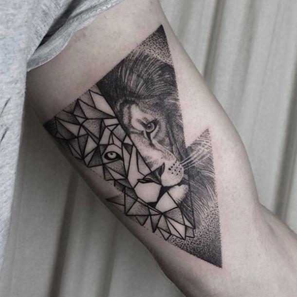 Two sides of a lion, and a geometric tattoo, and a dotwork tattoo