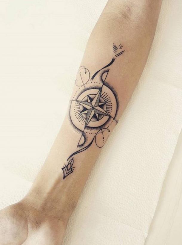 Tattoo compass surrounded by various symbols