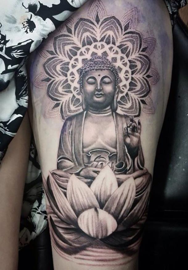 Radiant thoughts made by dots, like this tattoo of the Buddha