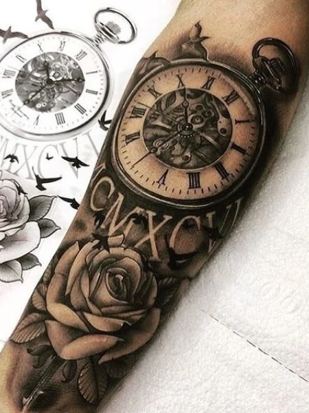 Tattoo with Roman numerals and clock