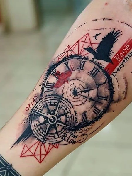 Compass and clock tattoo