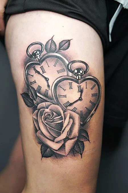 Heart-shaped clock tattoo