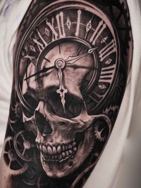 Tattoo of a skull with a clock