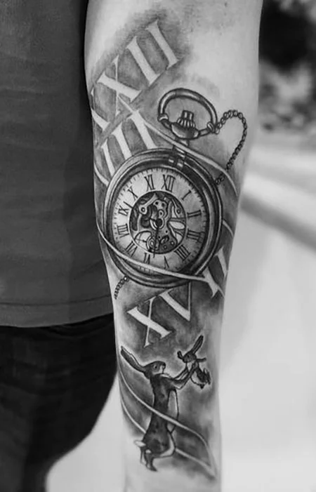 Tattoo with Roman numerals and clock