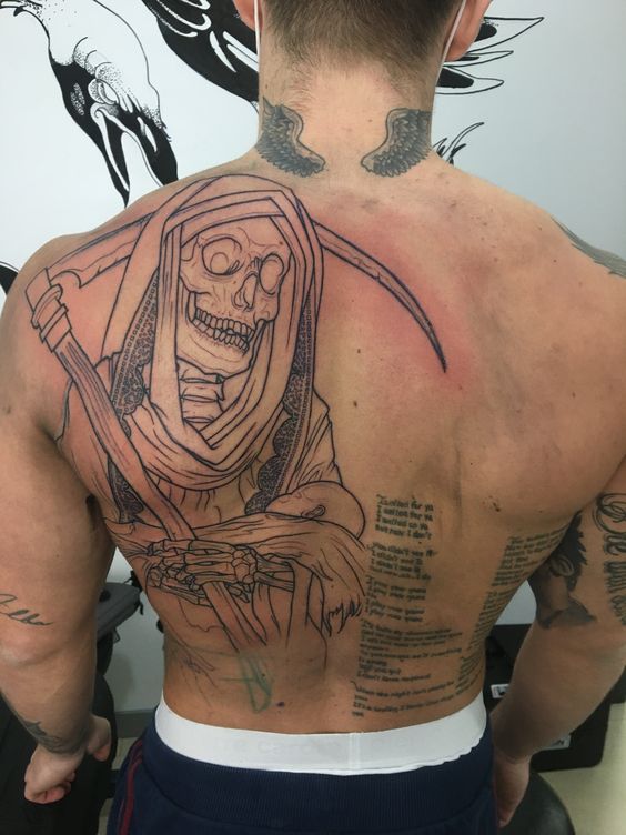 Tattoo of Death with a slash across the back