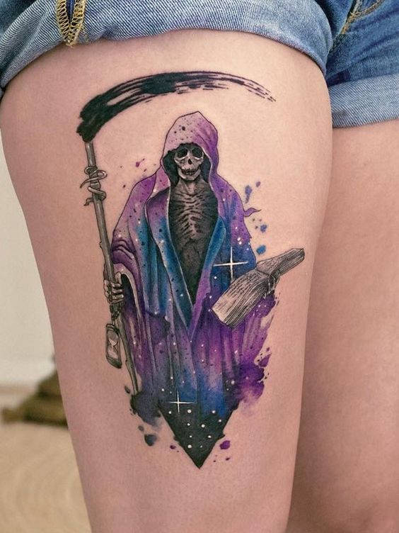 Death tattoo with a slash on the thigh for women