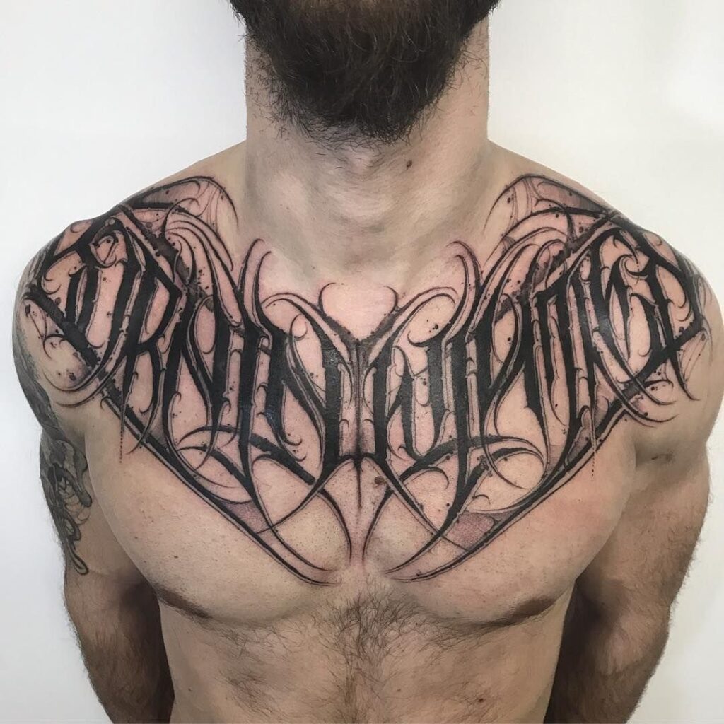 Calligraphy tattoo on the chest