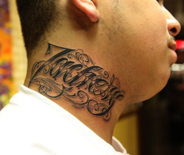 Calligraphy style tattoos on the neck