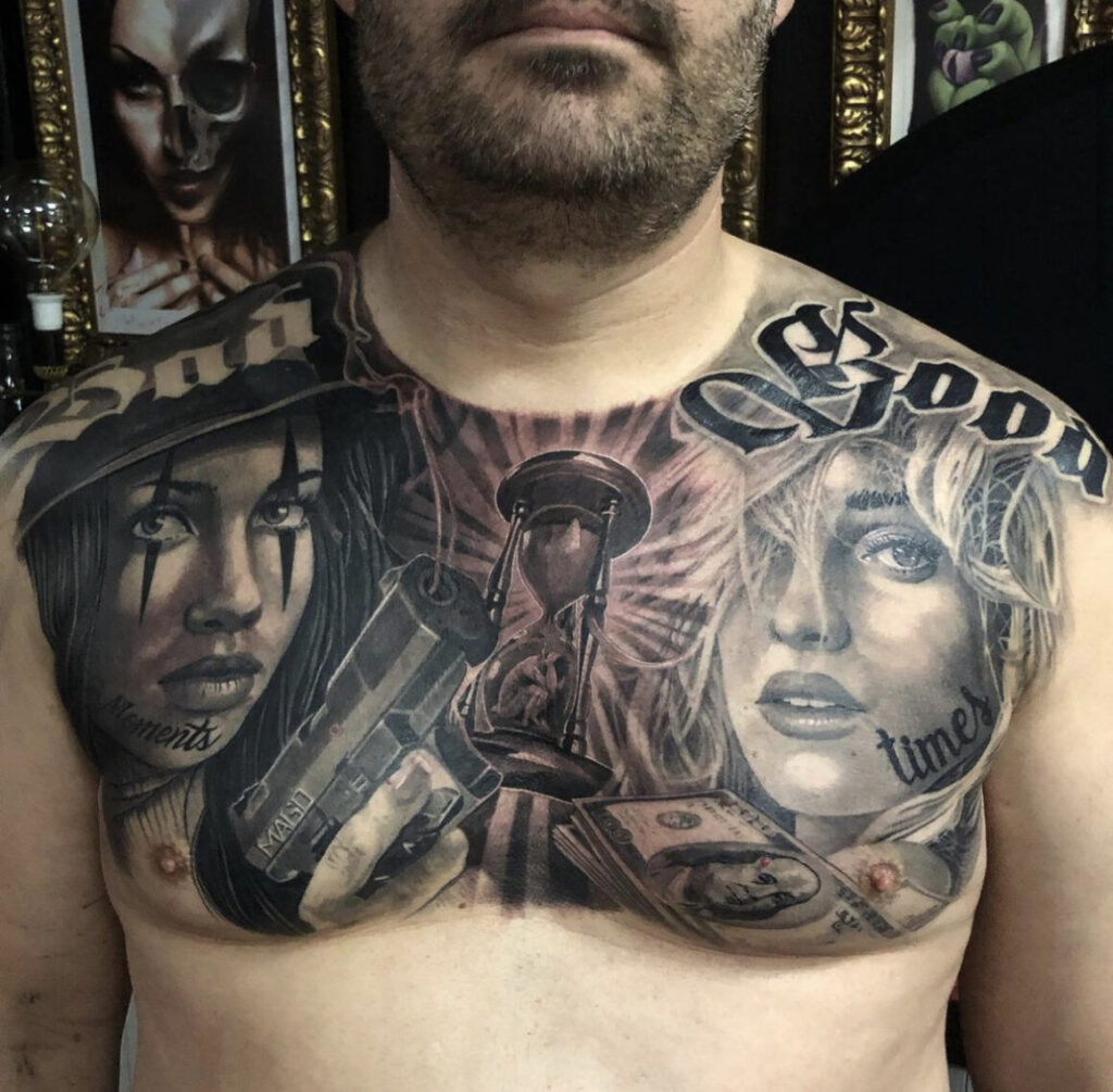 Chicano style tattoo on the chest for men