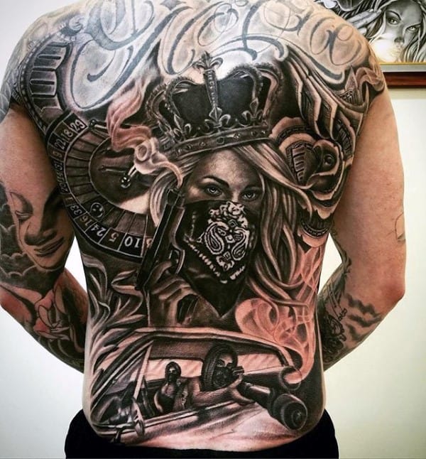 chicano-style tattoo on the entire back