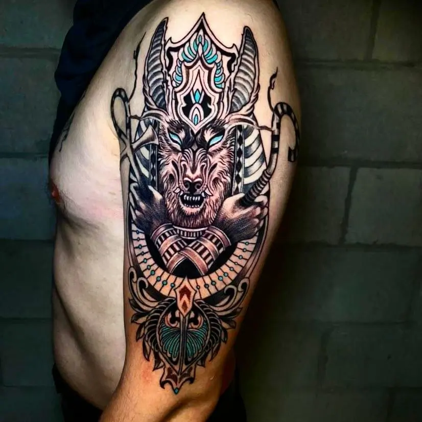 Tattoo of Anubis on the shoulder