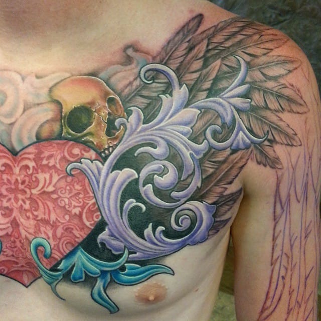 colored baroque tattoo on the chest