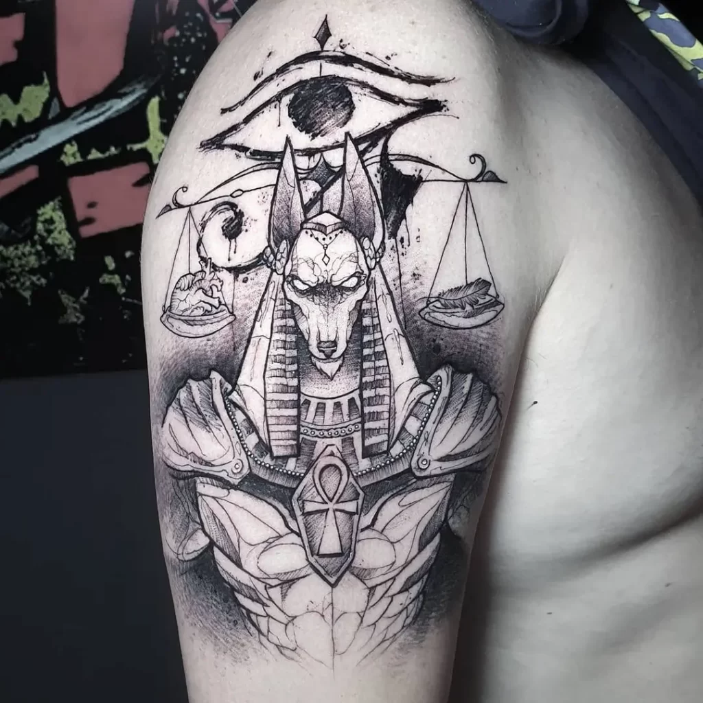 Anubis tattoo on shoulder