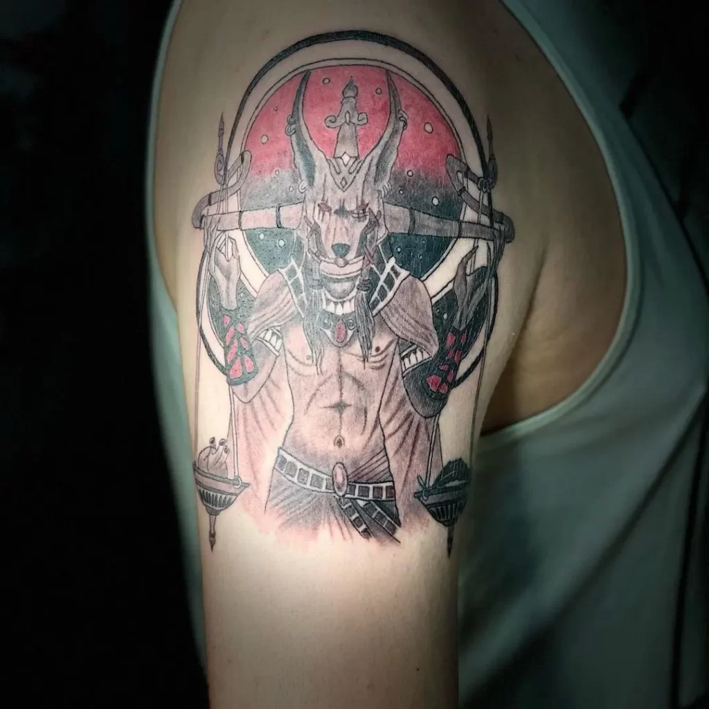 Anubis tattoo on shoulder