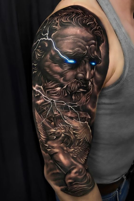 Tattoo of the god Poseidon on the shoulder