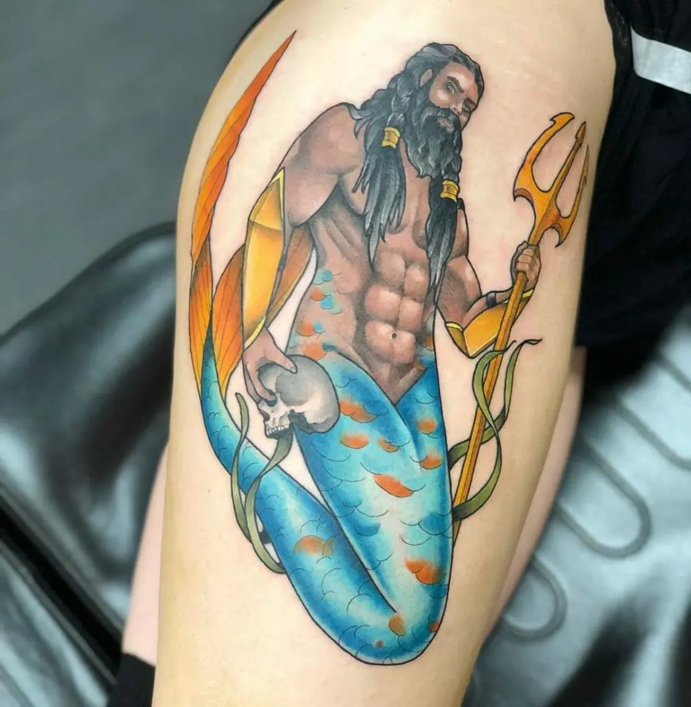 Tattoo of Poseidon on the arm colorful ink