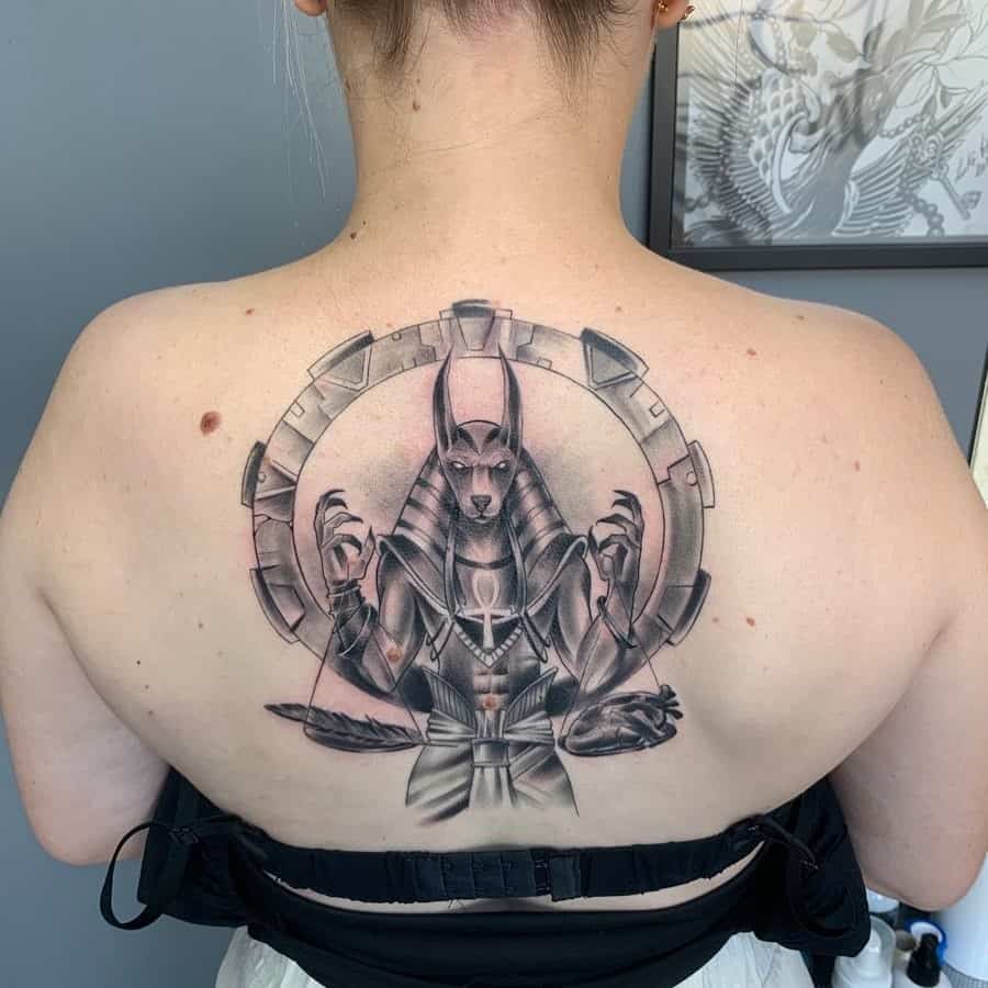 Anubis back tattoo ink