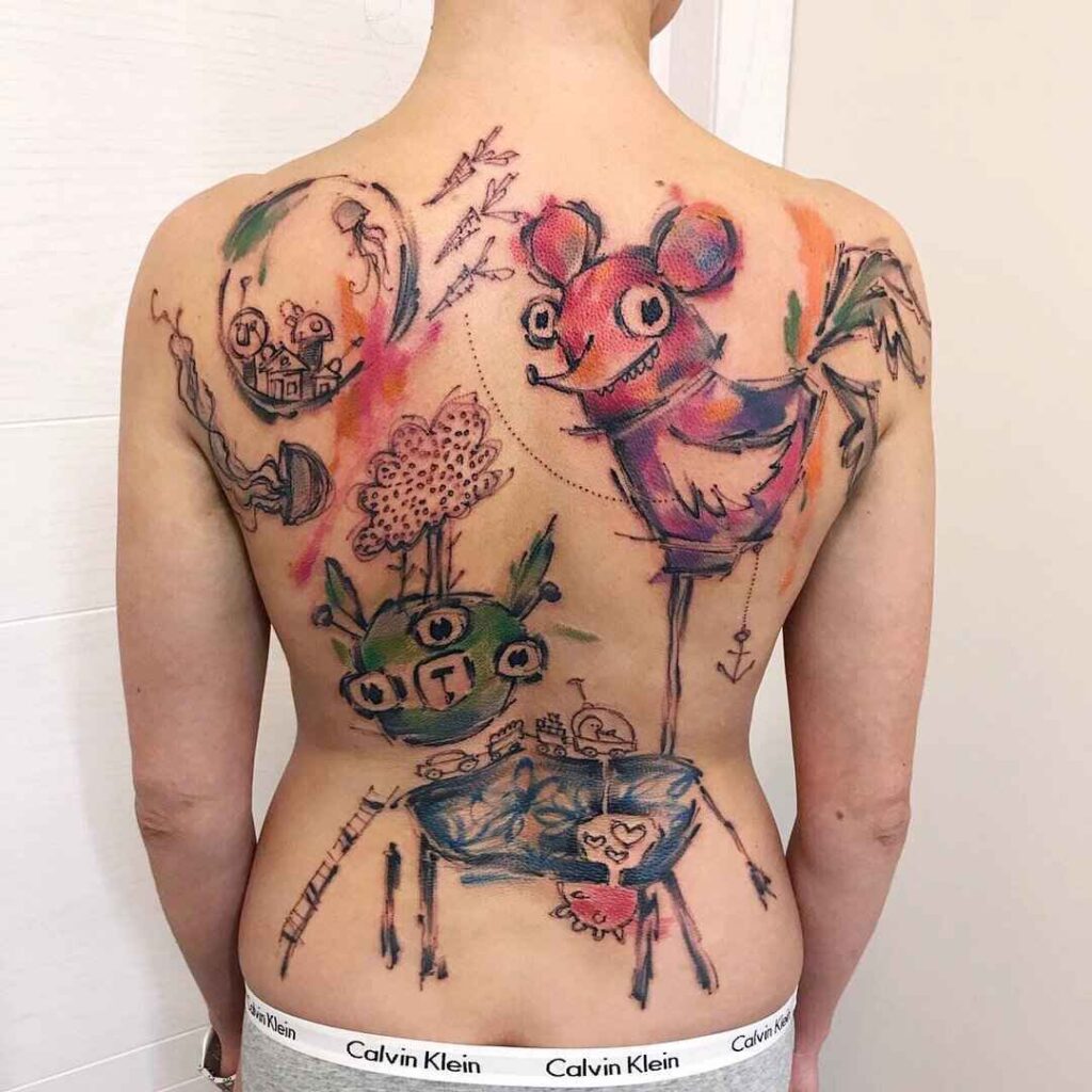 Tattoos in the Art Brut style on the whole back