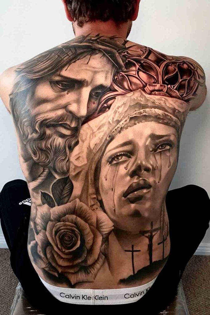 Religious tattoos on the back