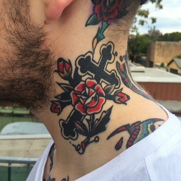 Cross Tattoo on the Neck