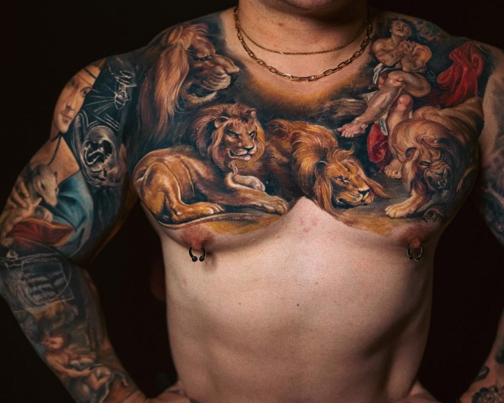 Tattoo animals on the chest and arms in the style of realism