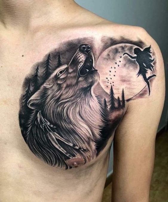 Tattoo of a howling wolf on the chest in the style of realism