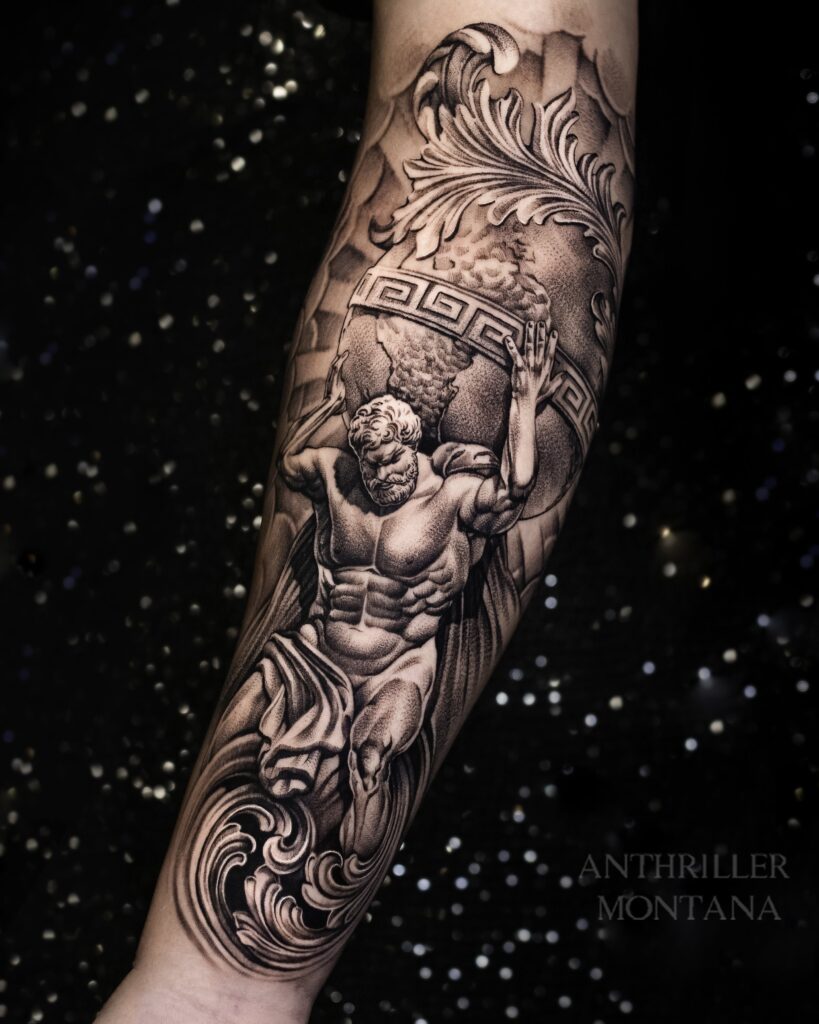 Tattoo of the god Poseidon on the forearm