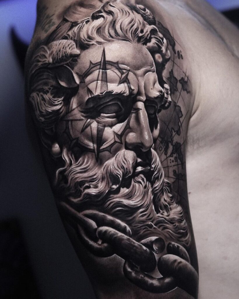 Tattoo of the god Poseidon on the arm