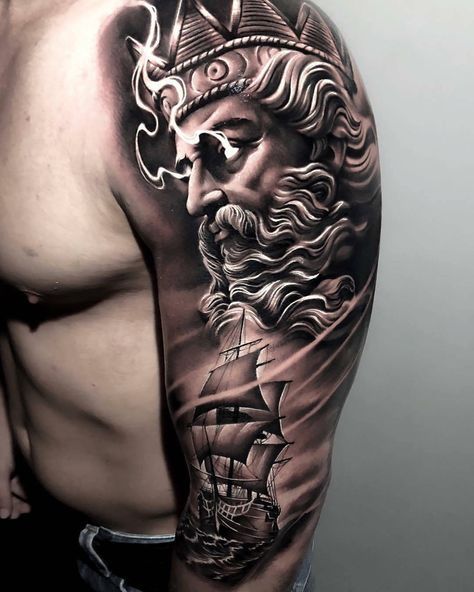 Tattoo of the god Poseidon on the shoulder