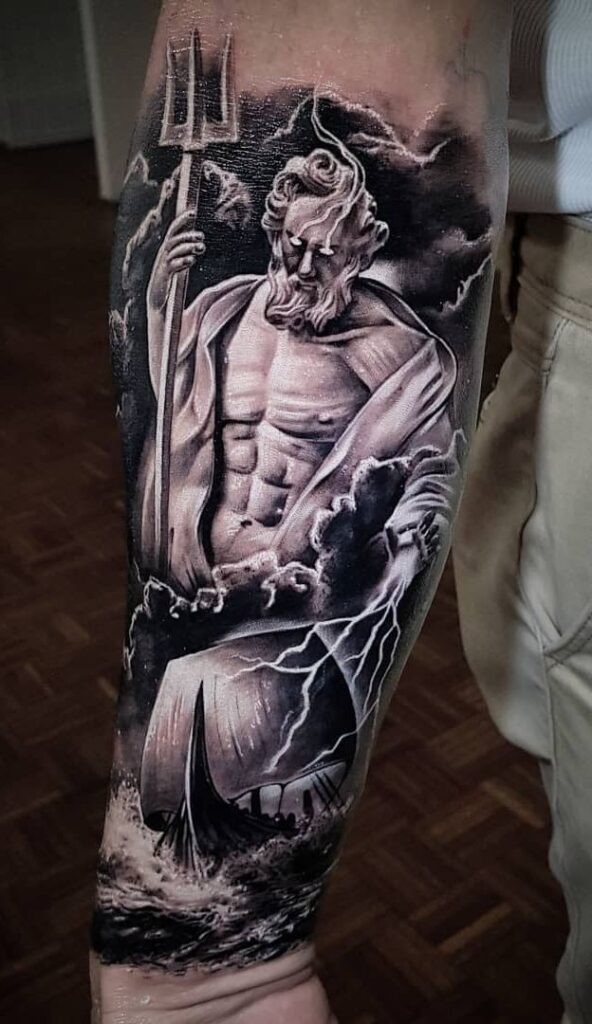 Tattoo of the god Poseidon on the forearm