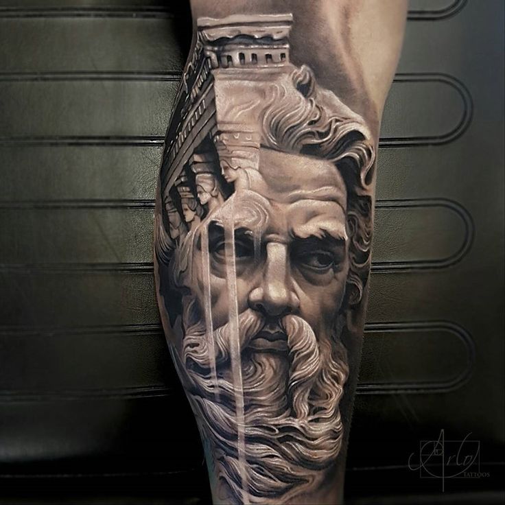 Large Poseidon tattoo on the leg