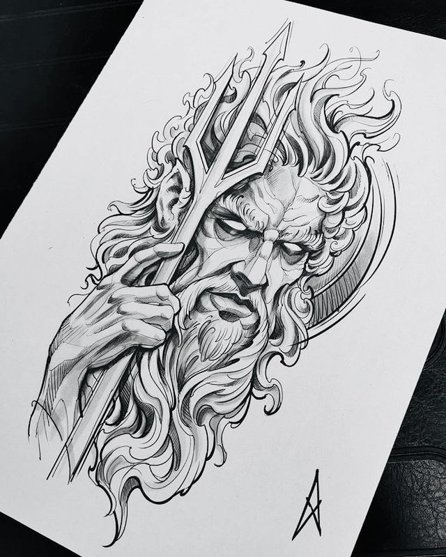 Sketch of a Poseidon tattoo