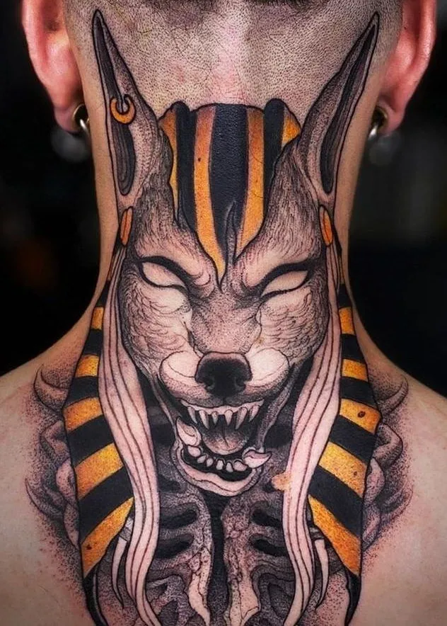 Tattoo of Anubis on the neck