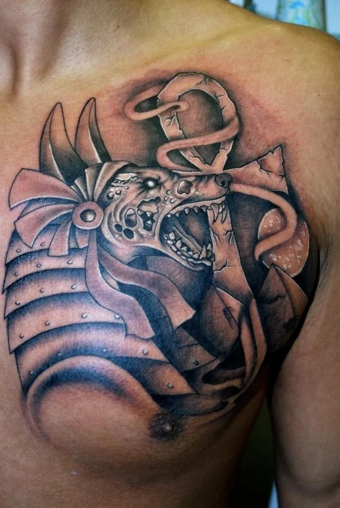 Tattoo of Anubis on the chest