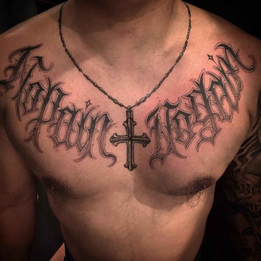 Calligraphy tattoo on the chest