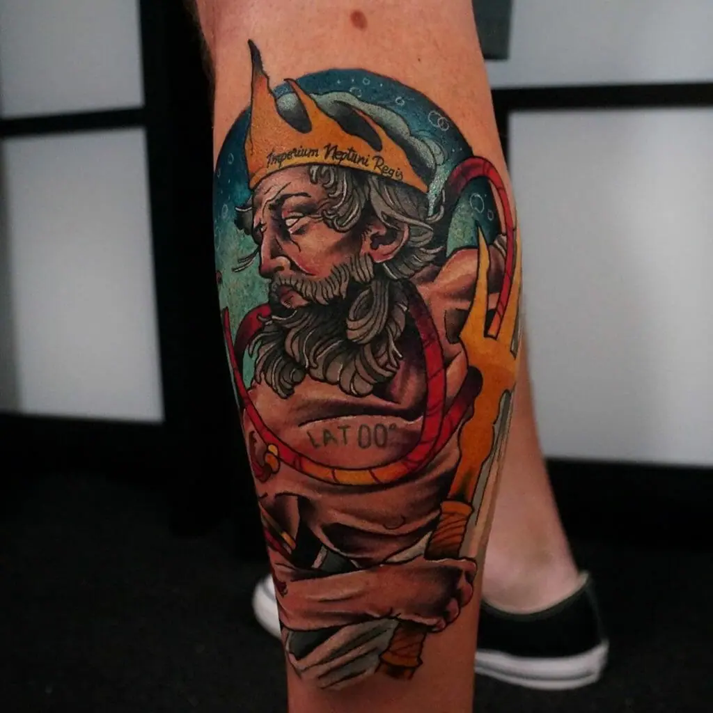 Colorful Poseidon tattoo on the leg