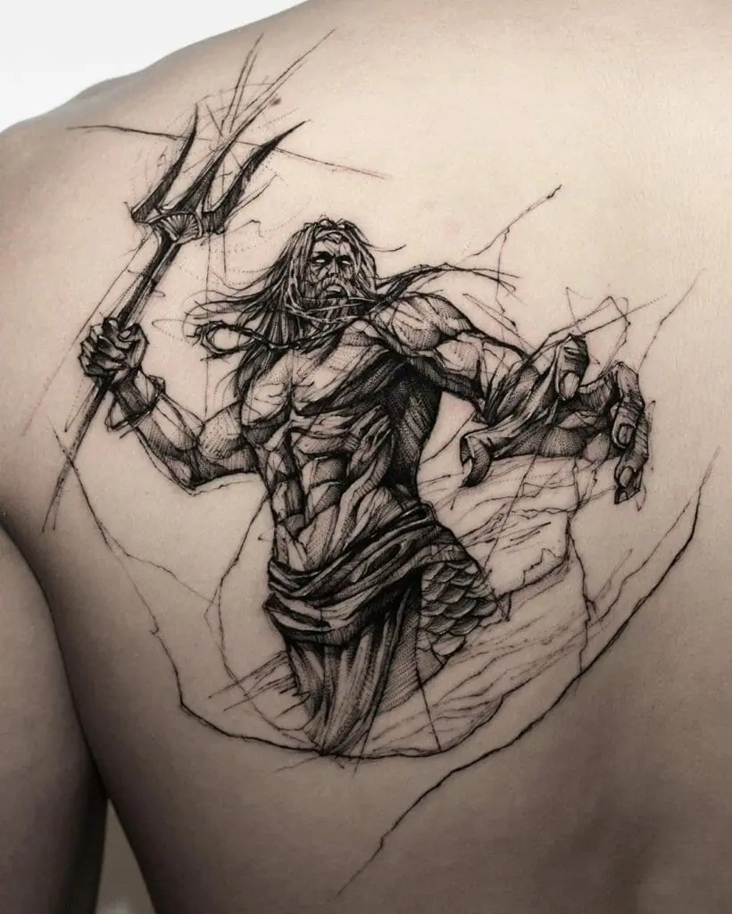 Poseidon tattoo on the back sketch