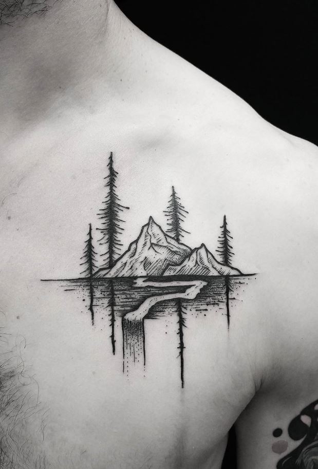 Black & Gray Mountain Tattoo on the Breast