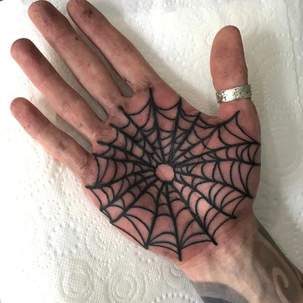 Spider web tattoos on the palm