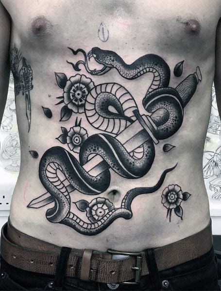 Snake tattoo on the stomach for men