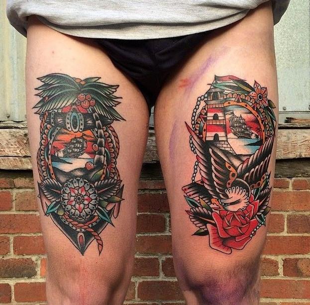 Color tattoos on the thighs