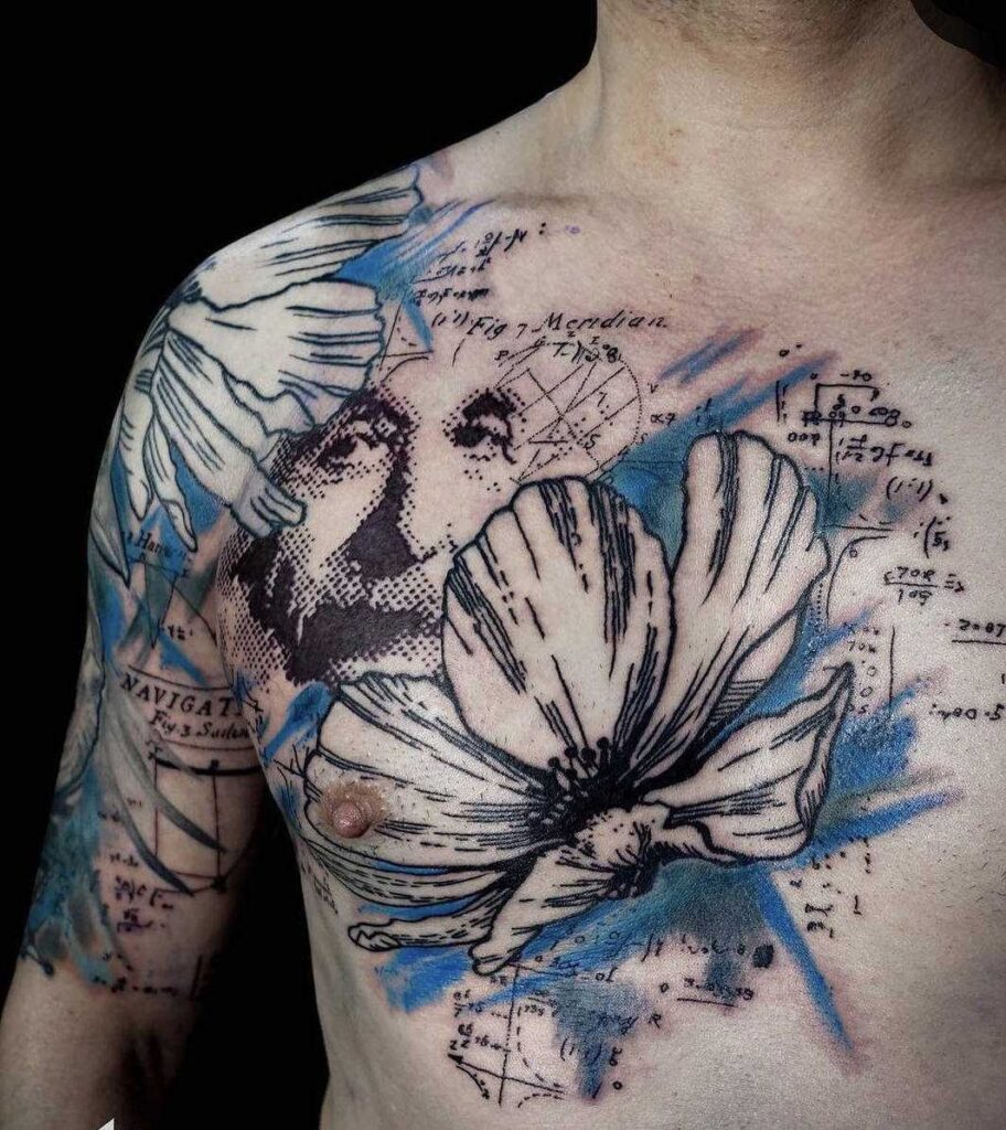 Tattoos on the arm and chest in graphic style