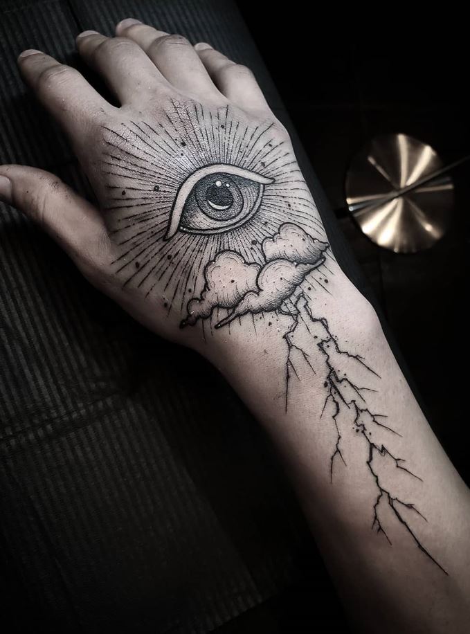 Eye tattoo on fist in black and gray style