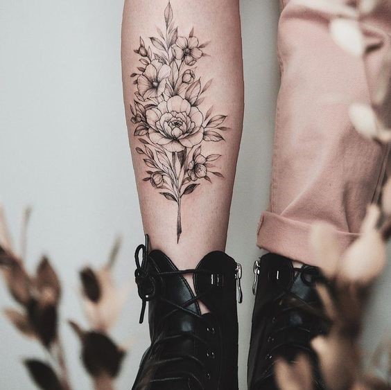 Peony tattoo on shin